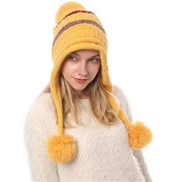 Women's Winter Peruvian Cover Ears Beanie Hat Ear Flaps Sherpa Snow Hat
